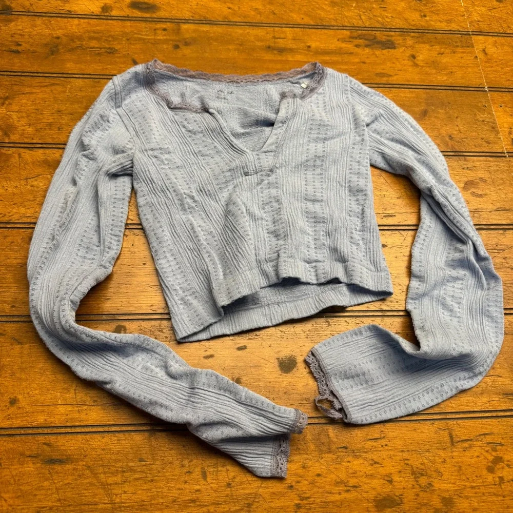 Out from under Blue Ribbed Lace Trim Cropped Long Sleeve‎ Top Women's XS